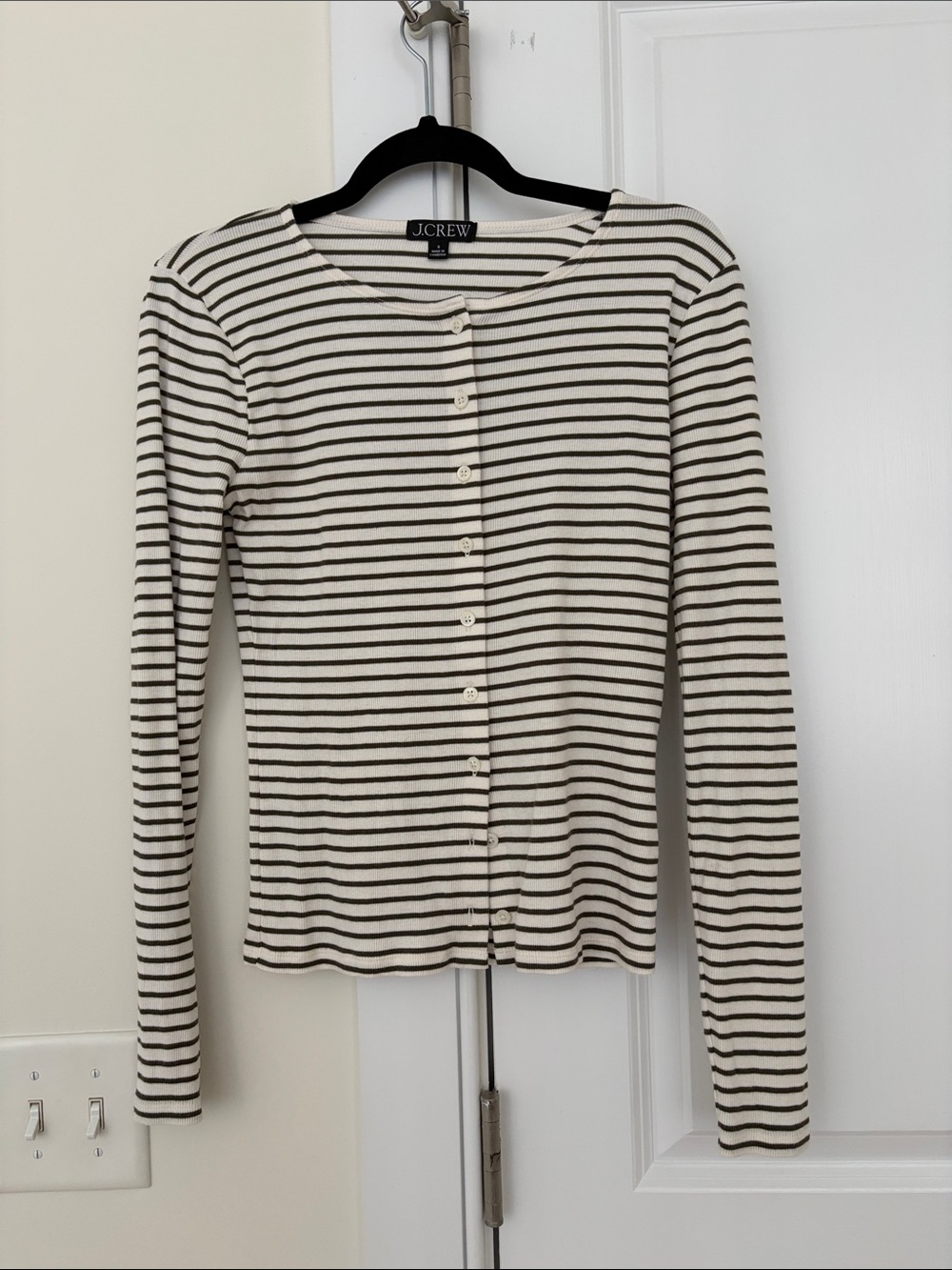 J. Crew cream and hunter green ribbed striped sweater